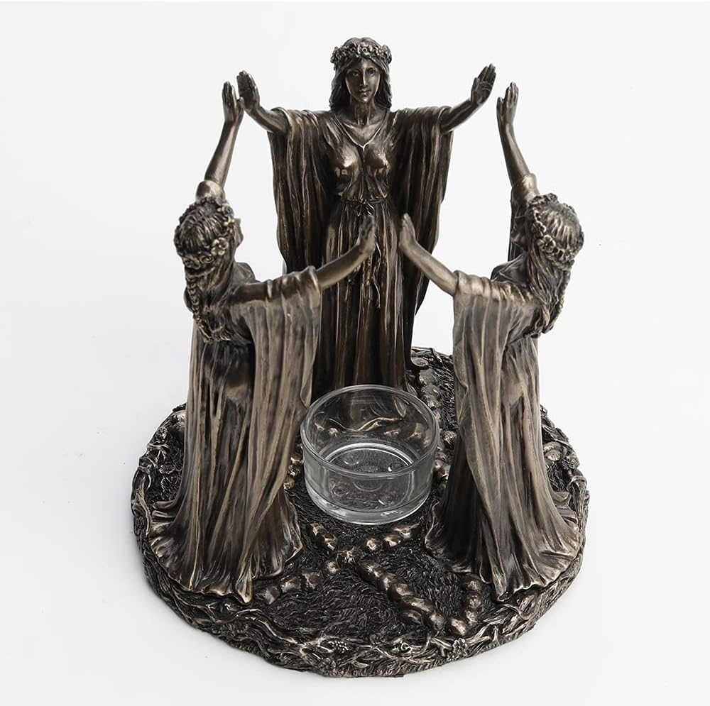 Veronese Design 6 3/4 Inch Tall Triple Moon Goddess Maidens Ritual Candle Tealight Holder Cold Cast Bronzed Resin Sculpture Wiccan Alter Figurine Home Decor New Age Religious Collectible