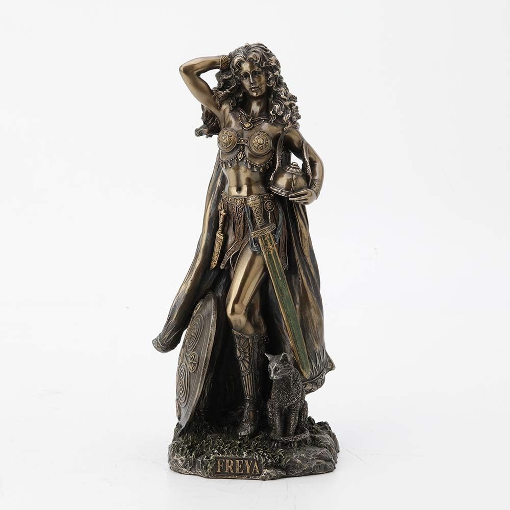 Veronese Design Freya, Norse Goddess of Love, Beauty and Power, with Helmet and Shield - Antique Bronze Finished Resin Statue - Excellent Detail, Hand Painted Accents - 10 Inches Tall