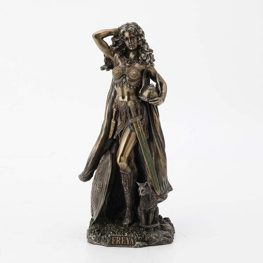 Veronese Design Freya, Norse Goddess of Love, Beauty and Power, with Helmet and Shield - Antique Bronze Finished Resin Statue - Excellent Detail, Hand Painted Accents - 10 Inches Tall