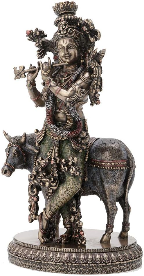10.5 Inch Hindu God Krishna and The Holy Cow Antique Bronze Finish Sculpture Figurine