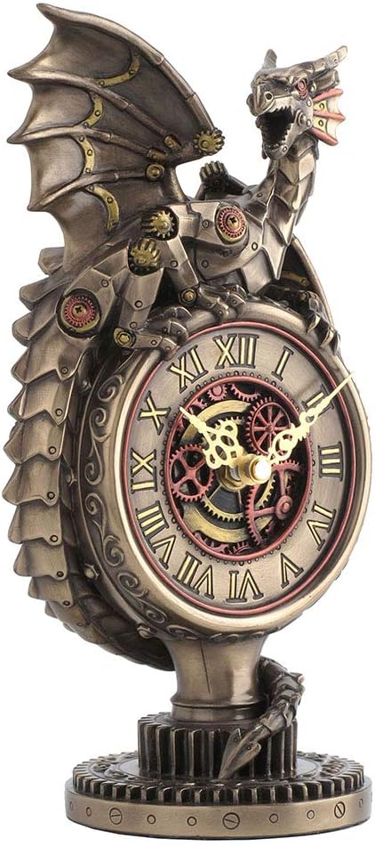 Veronese Design 10.25 Inch Steampunk Mechanical Dragon Perching On Top Clock Gear Stand Antique Bronze Finish Sculpture Tabletop Statue
