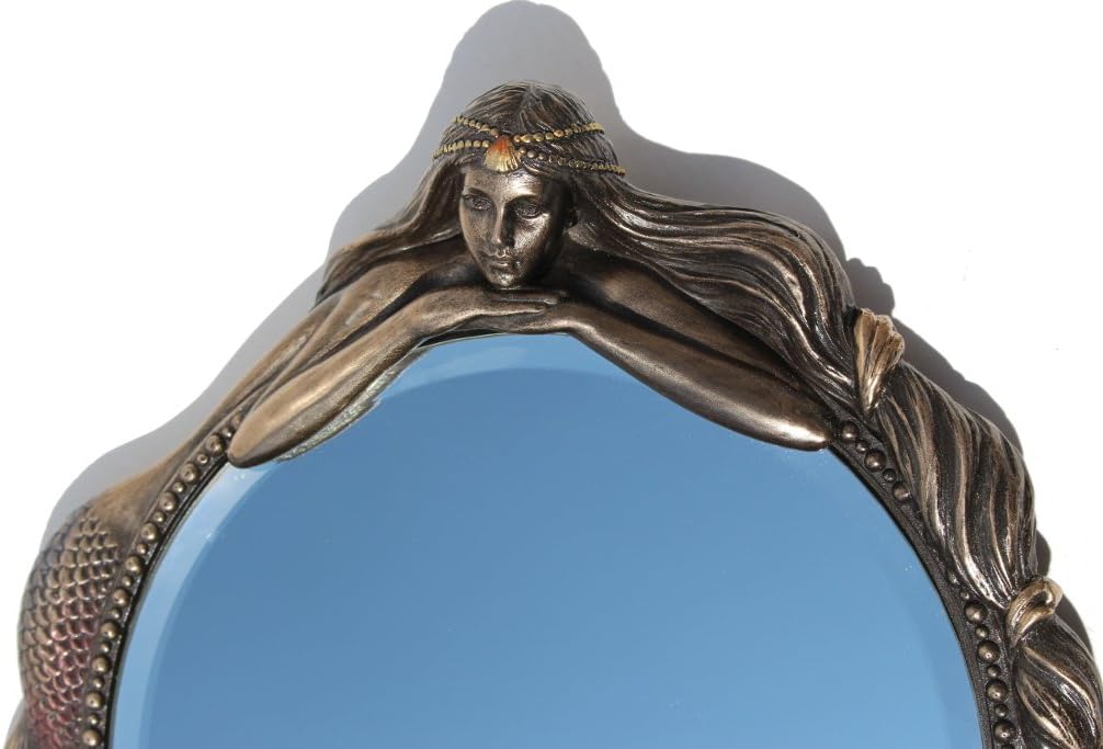 Masada Goods Mermaid Hand Mirror Collectible Decoration Figurine Cold Cast Bronze, 11 Inch Round Tabletop Mount, Bronze Copper Gold Brown Beige