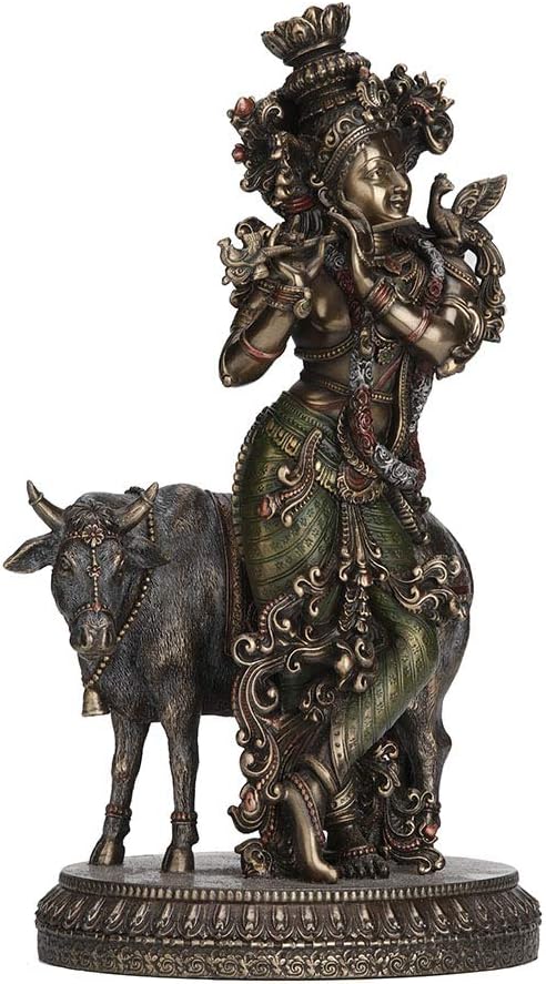 10.5 Inch Hindu God Krishna and The Holy Cow Antique Bronze Finish Sculpture Figurine