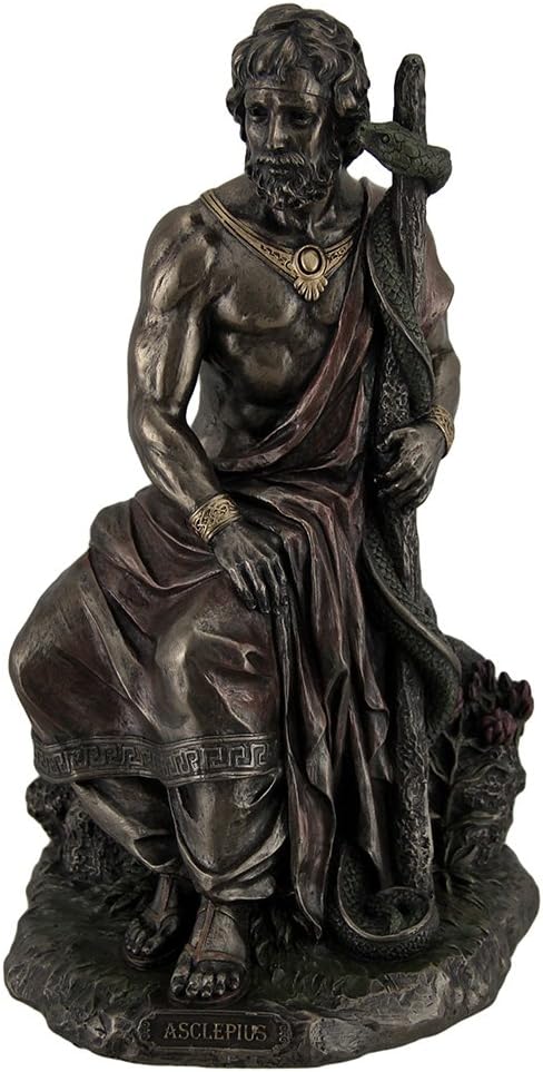 Veronese Asclepius Greek God of Medicine Holding Serpent Entwined Staff Bronzed Statue