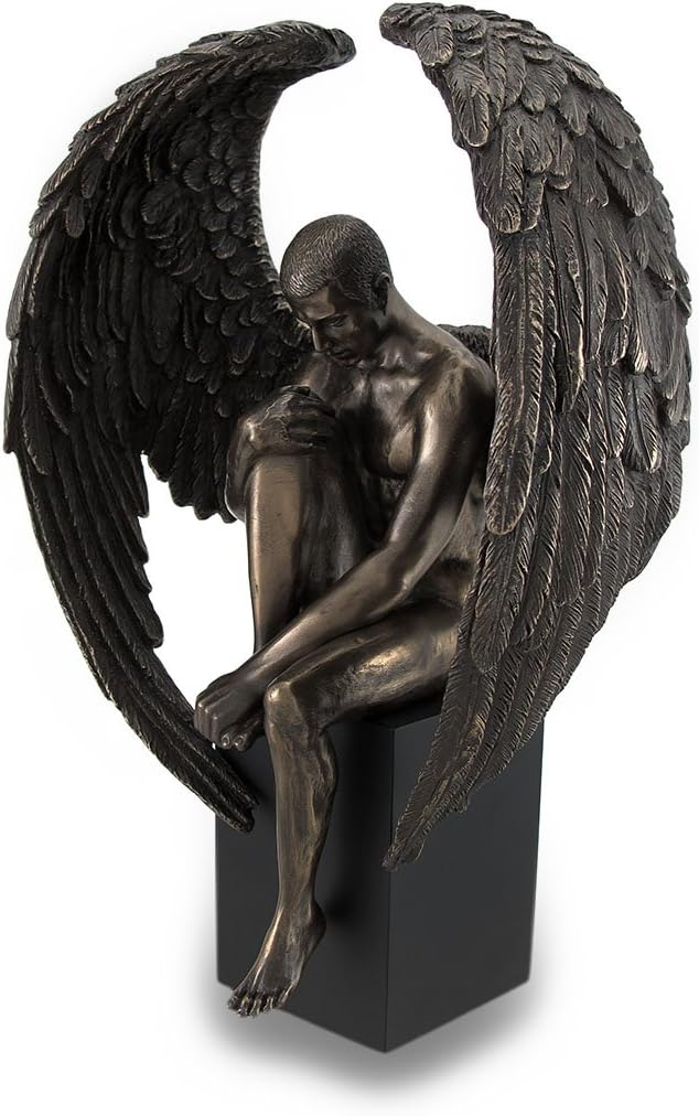 Veronese Design Bronze Finished Pensive Male Angel Statue On Black Base