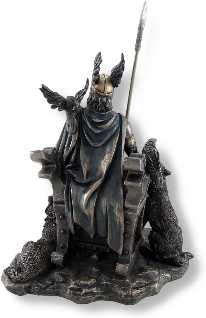 Things2Die4 Bronzed Norse God Odin on Throne with Ravens and Wolves Statue