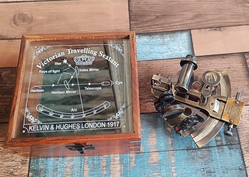 Nautical Brass Working Sextant, Antique Maritime Navigational Instrument With Wooden Box Navigational Sextant, Astrolabe Ships Instrument