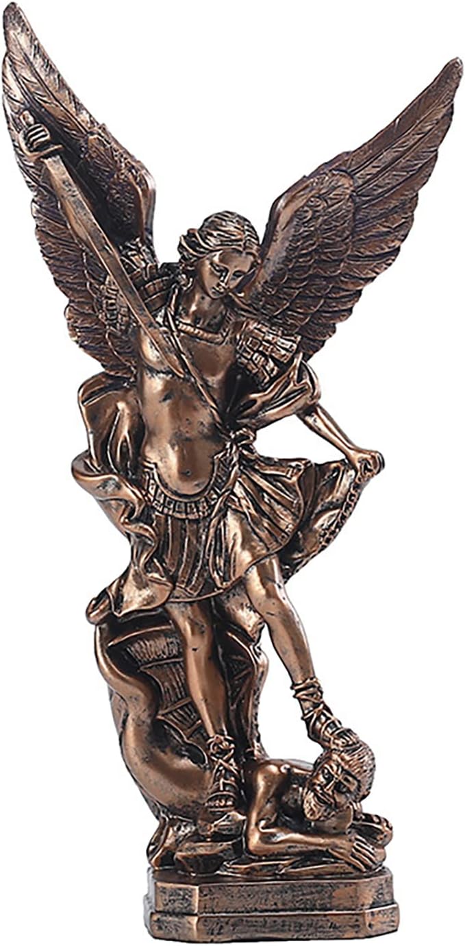 12.5in St. Michael San Miguel Arcangel Statue The Great Protector Saint Archangel Michael Defeated Evil Dragon Religious Collectible Battle Angel Sculpture Christian Catholic Figurines (Bronze)