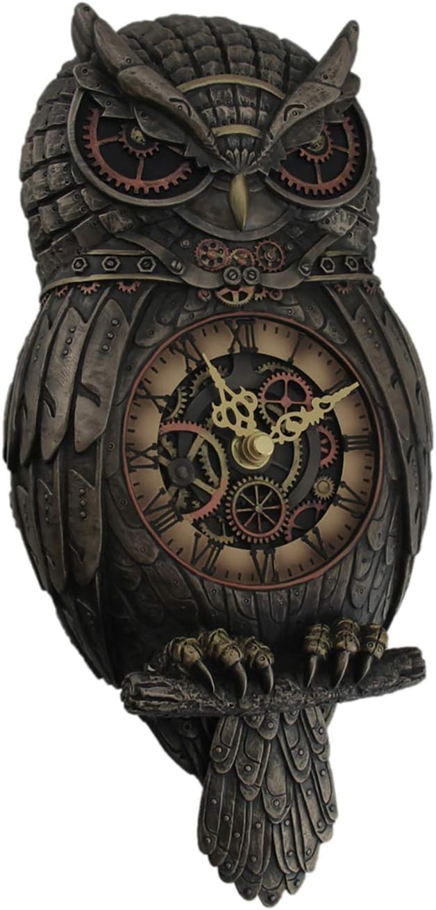 Veronese Design Metallic Bronze Finished Steampunk Owl Pendulum Wall Clock