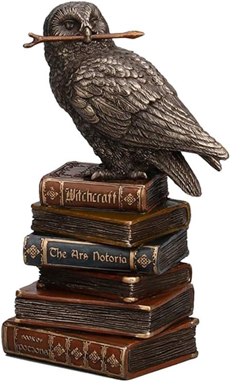 5 1/2" Tall Cold Cast Resin Antique Bronze Finish Magic Wand Snowy Owl On Book Stack Statue Figurine