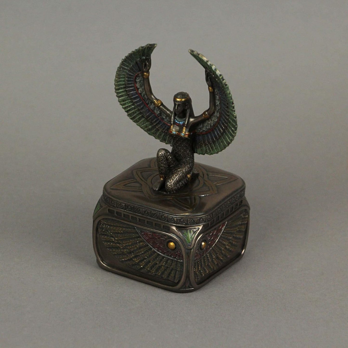 Veronese Design Bronze Finish Egyptian Winged Goddess Isis Trinket Box Hand Painted Accents