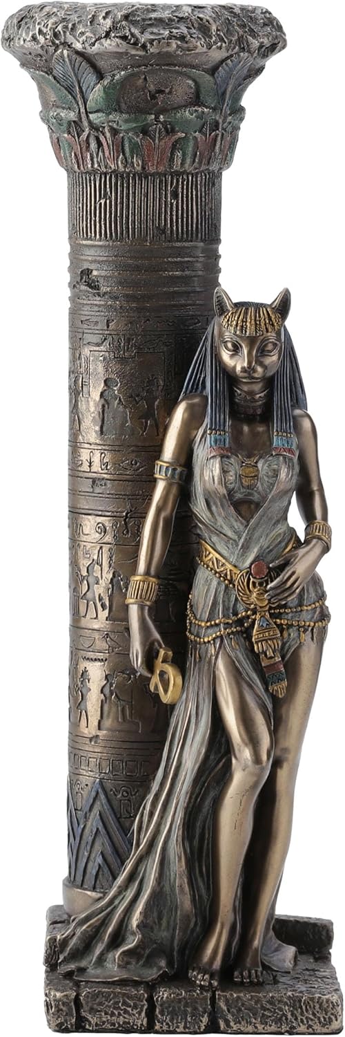 Veronese Design Egyptian Goddess Bastet Leaning on Pillar Statue
