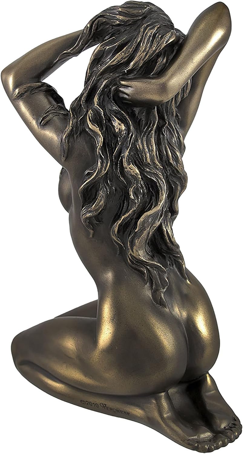 Veronese Design Bronze Finished Female Tasteful Nude Cast Resin Statue - Kneeling with Hands in Hair, Facing Right - Sculpted Elegance Embracing Femininity - 6 Inches Tall