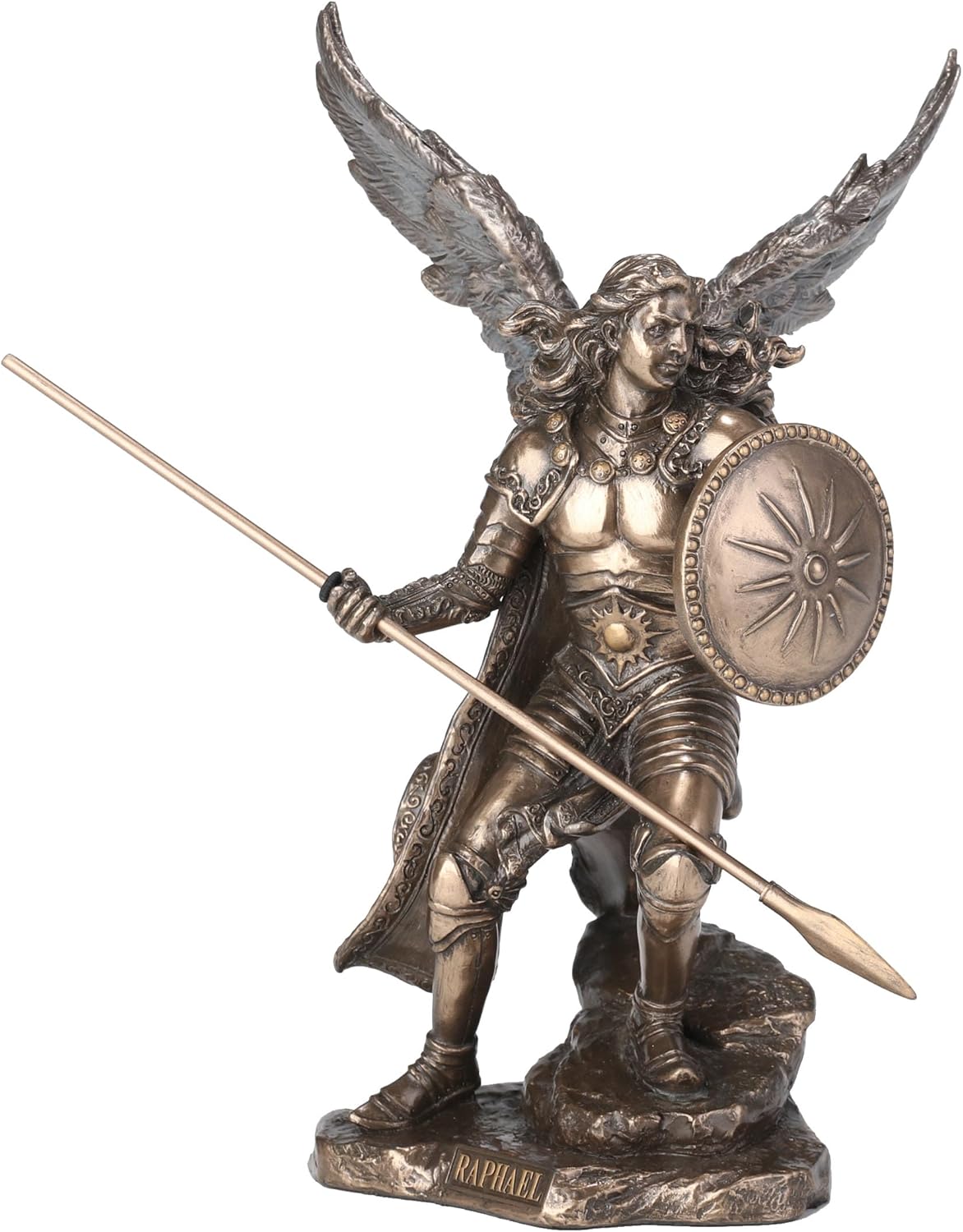 Raphael God Has Healed Holding Shield and Spear Bronze Statue Figurine