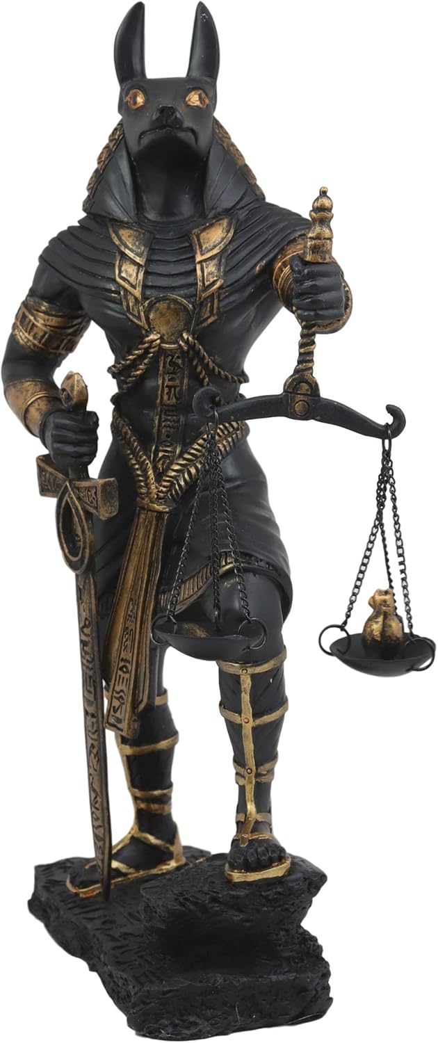 Ebros Ancient Egyptian God Anubis with Scales of Justice Statue Gods of The Dead and Afterlife Weighing The Heart Against Ostrich Feather Figurine 10" Tall (Black and Gold)