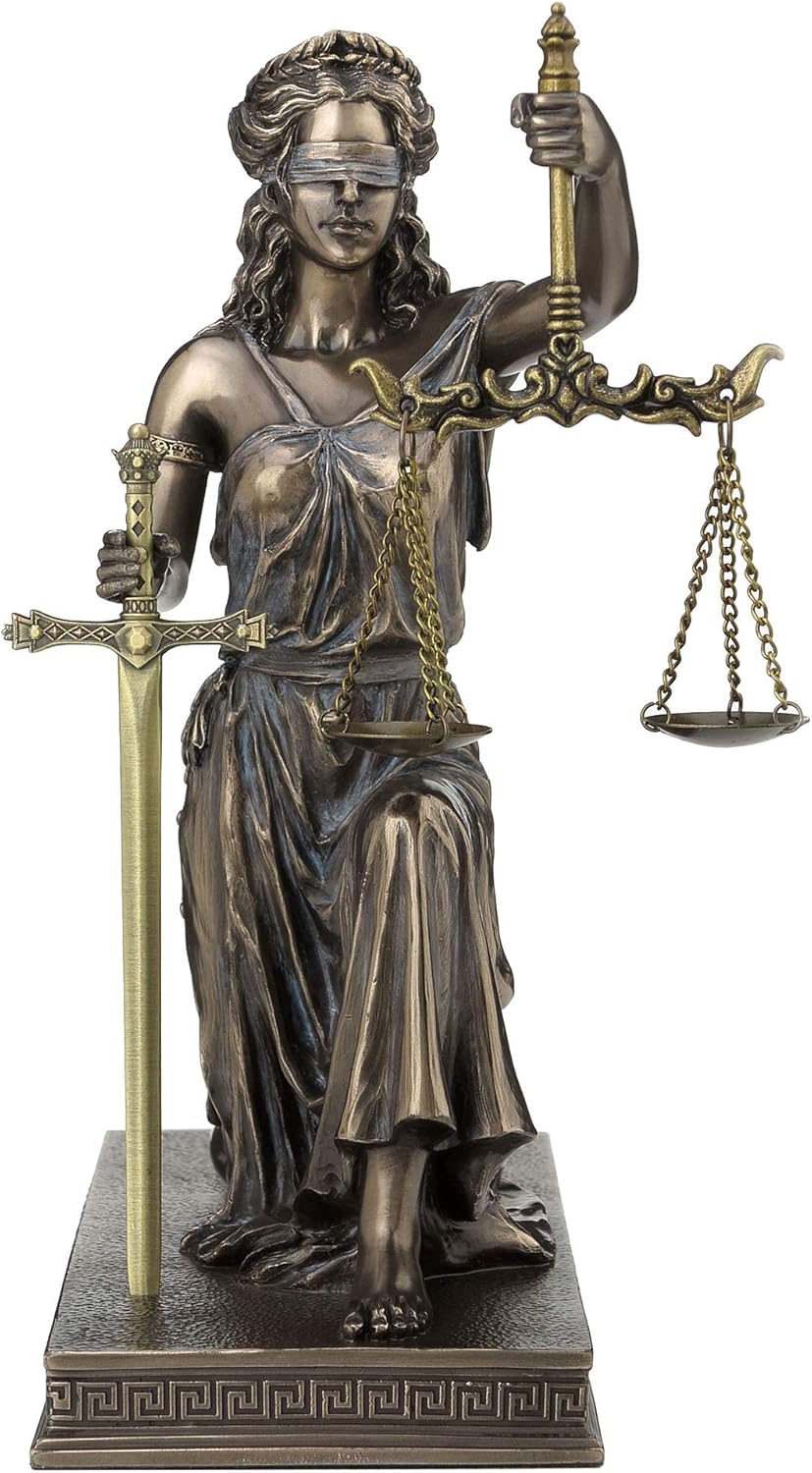Veronese Design Bronze Finish Lady Justice Kneeling Holding Balance Scales and Sword Statue