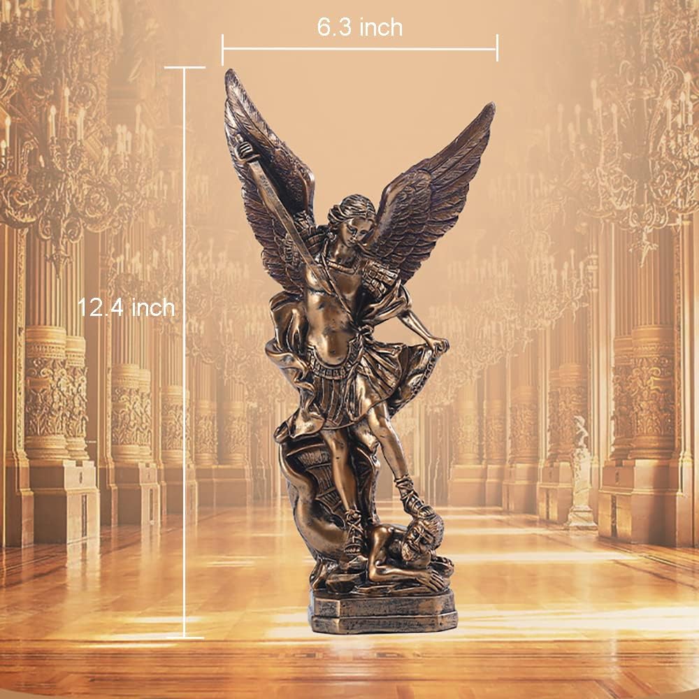 12.5in St. Michael San Miguel Arcangel Statue The Great Protector Saint Archangel Michael Defeated Evil Dragon Religious Collectible Battle Angel Sculpture Christian Catholic Figurines (Bronze)