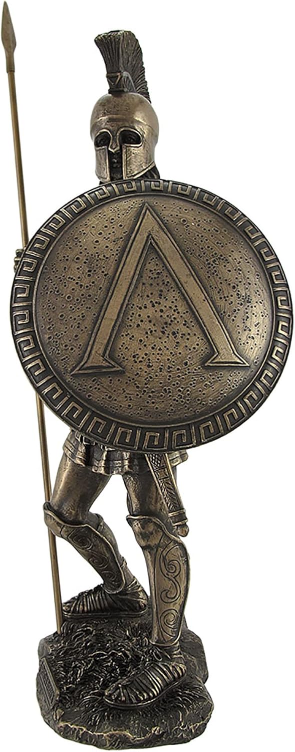 Bronzed Spartan Warrior with Spear and Hoplite Shield Statue