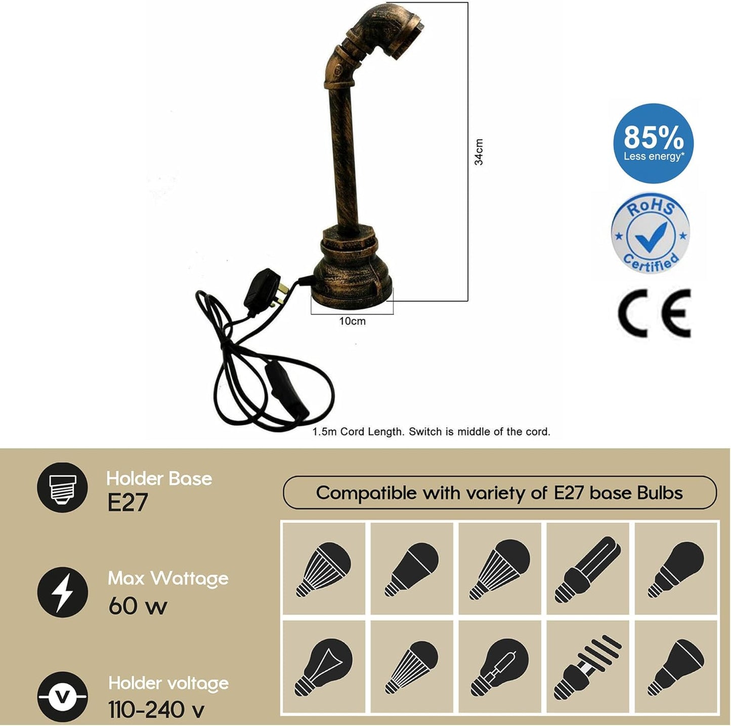 14.75 Inch Steampunk Pipework Clock Stand Lamp Light Crystal Skull Bulb LED Lighting Antique Bronze Finish Sculpture