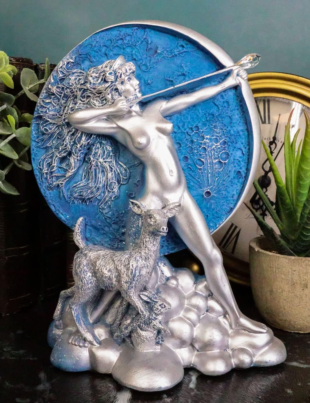 Greek Goddess of The Hunt Moon Diana Drawing Bow and Arrow with Companion Deer Statue Oberon Zell Rendering of Artemis Sculpture