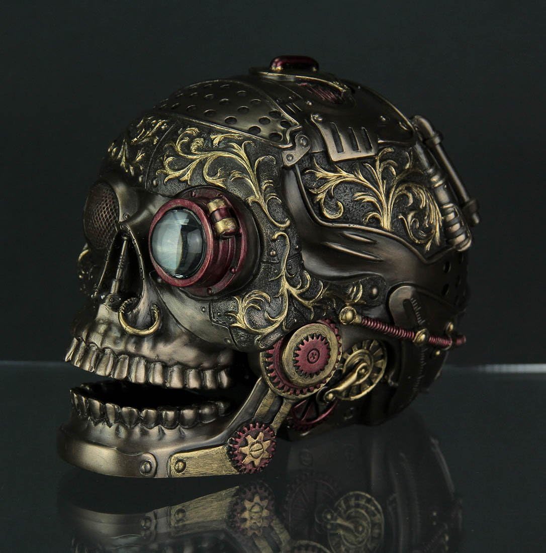Veronese Steampunk Style Human Skull Bronze Finished Statue With Movable Jaw