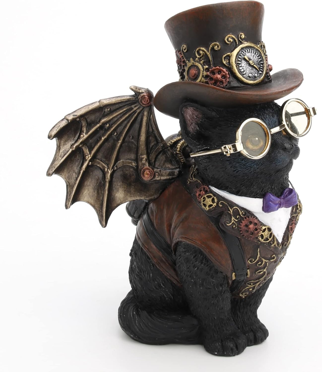Hand Painted Steampunk Victorian Inventor Cat Statue With Wings and Top Hat 5 Inches Tall