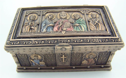 US Cold Cast Bronze 4 7/8 Inch Jesus Christ Saint Peter St Paul Icon Relic Rosary Trinket Box