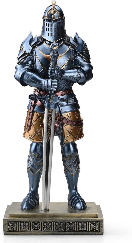 Medieval Knight Statue King's Guard Medieval Decor Polyresin Knight Swordsman Armor Statue Top Collection as Gift 15.12 Inch (Blue)