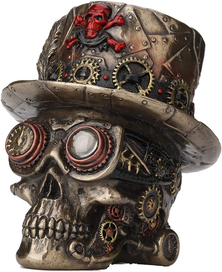 Veronese Design 4.5 Inch Steampunk Cross Bones Top Hat Motor Skull Antique Bronze Finish Sculpture Table Top Figurine