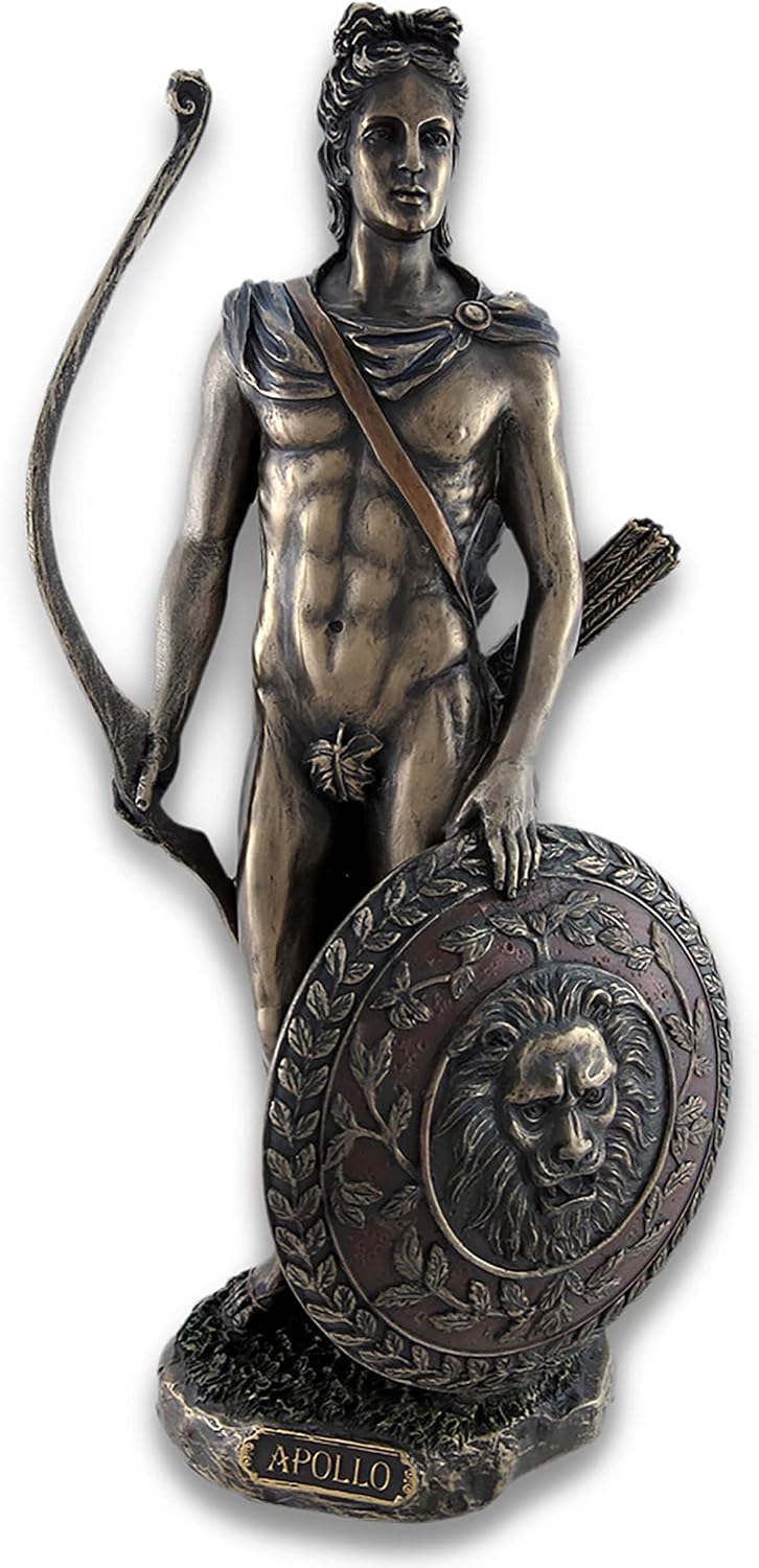 Veronese Design Greek and Roman God Apollo with Lion Head Shield and Golden Bow Bronze Finished Resin Statue - 11.5 Inches High - Amazing Detail - Hand Painted Accents