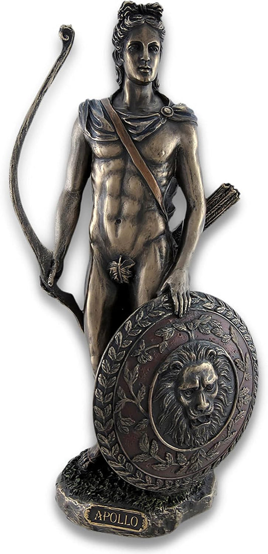 Veronese Design Greek and Roman God Apollo with Lion Head Shield and Golden Bow Bronze Finished Resin Statue - 11.5 Inches High - Amazing Detail - Hand Painted Accents