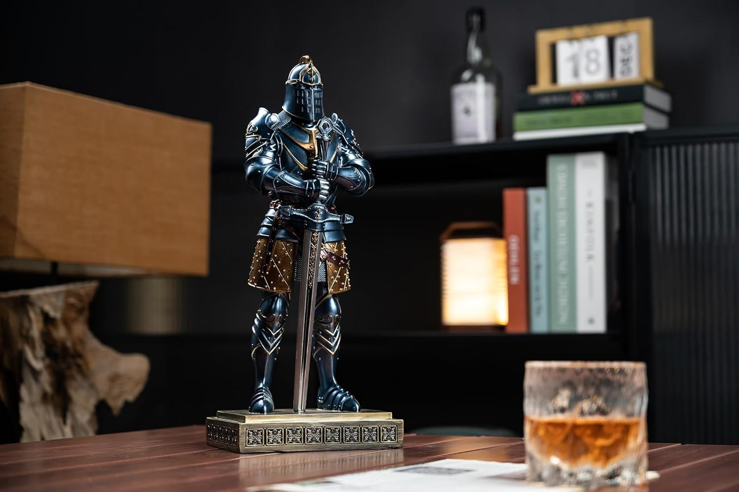 Medieval Knight Statue King's Guard Medieval Decor Polyresin Knight Swordsman Armor Statue Top Collection as Gift 15.12 Inch (Blue)
