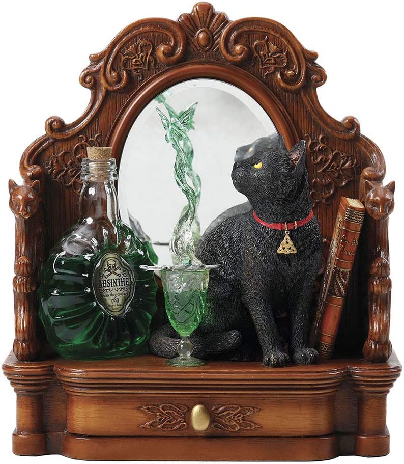 Veronese Design 8.5 Inch Lisa Parker Absinthe Fairy Black Cat Mirror with Drawer Polyresin Hand Painted Figurine Animal Sculpture