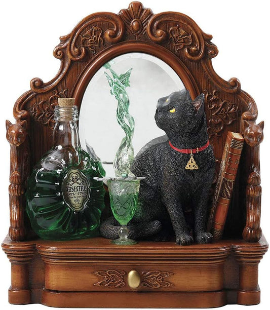 Veronese Design 8.5 Inch Lisa Parker Absinthe Fairy Black Cat Mirror with Drawer Polyresin Hand Painted Figurine Animal Sculpture