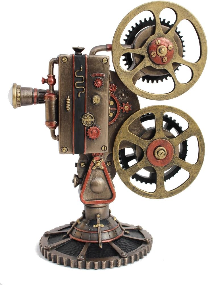 VERONESE Design Steampunk Projector Statue Cold Cast Resin Antique Bronze Finish LED Lighting Sculpture