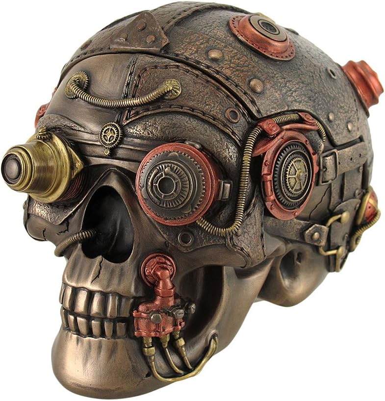 Veronese Design Bronze Finish Leather Look Gearhead Steampunk Skull Trinket/Stash Box