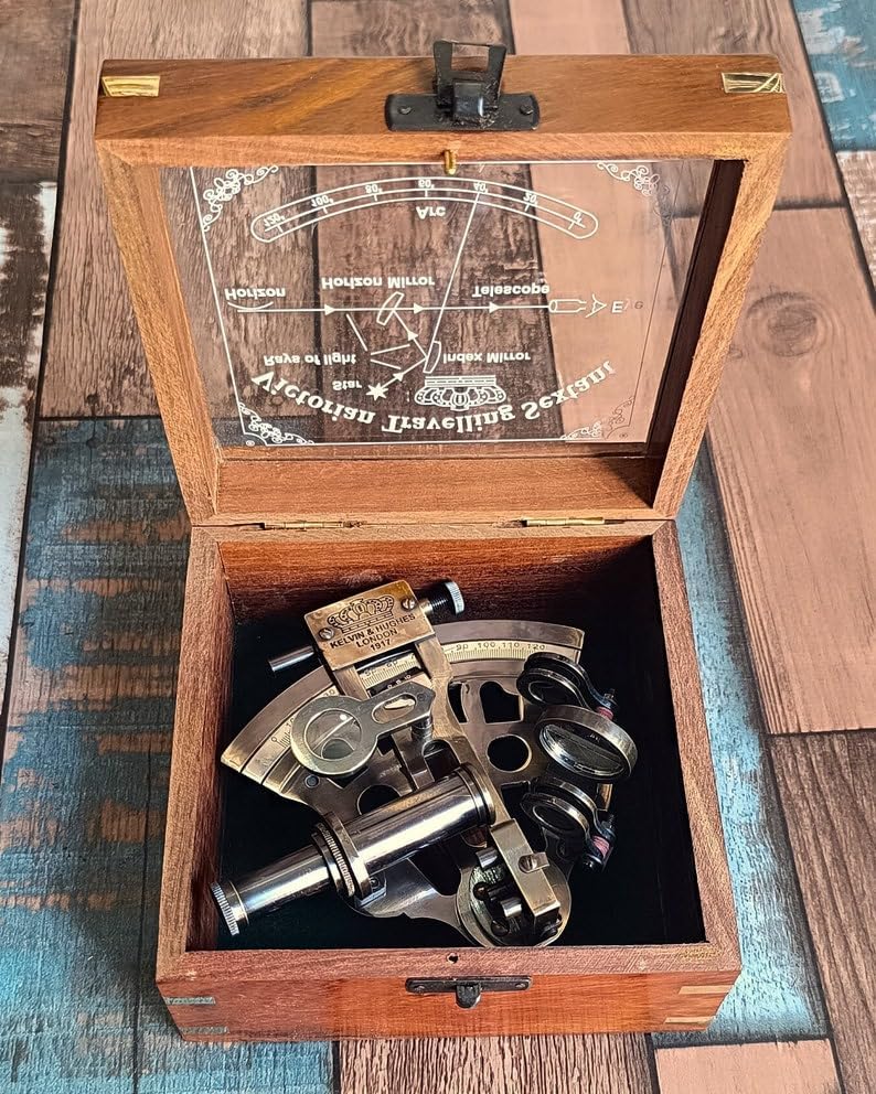 Nautical Brass Working Sextant, Antique Maritime Navigational Instrument With Wooden Box Navigational Sextant, Astrolabe Ships Instrument