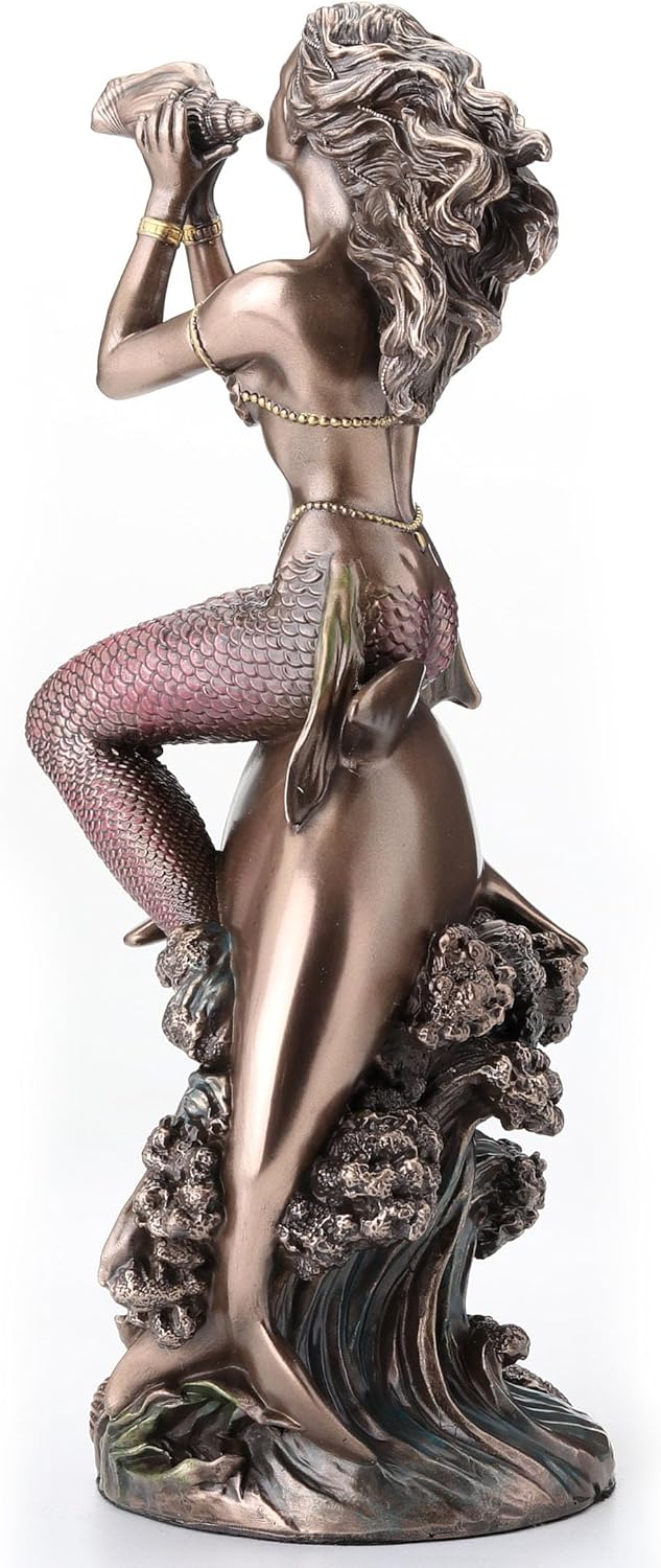 Veronese Design 8 1/4 Inch Mermaid On The Back of A Dolphin Cold Cast Resin Bronze Finish Sculpture