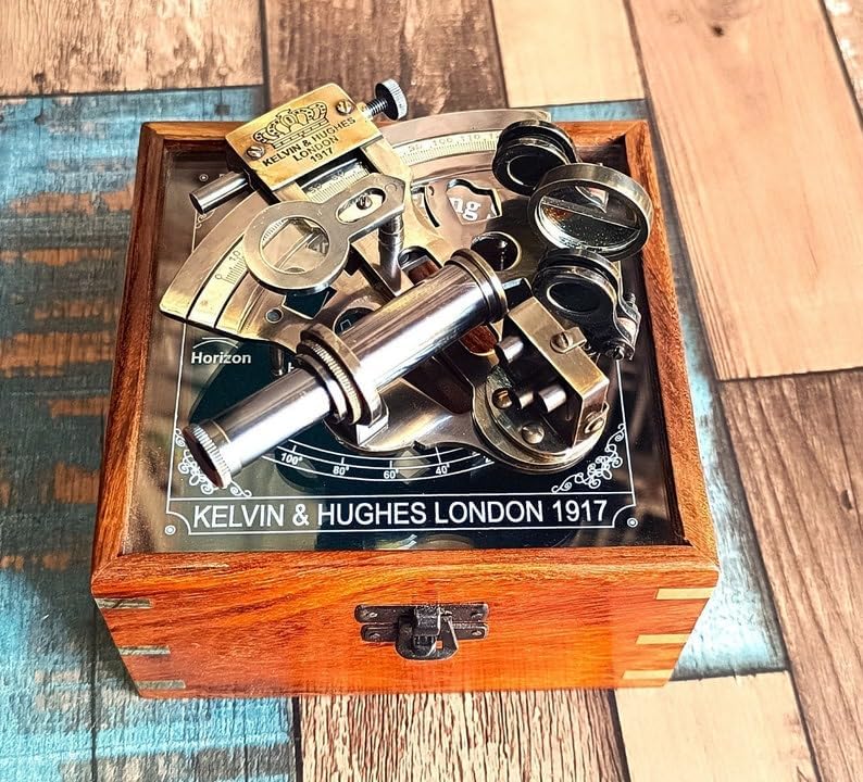 Nautical Brass Working Sextant, Antique Maritime Navigational Instrument With Wooden Box Navigational Sextant, Astrolabe Ships Instrument