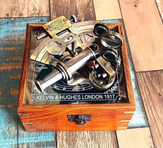Nautical Brass Working Sextant, Antique Maritime Navigational Instrument With Wooden Box Navigational Sextant, Astrolabe Ships Instrument