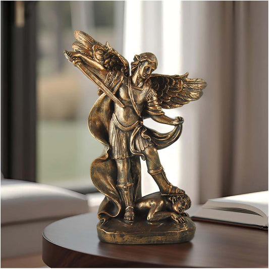 19 cm Bronze St Michael the Archangel Statue – Antique-Effect Resin San Miguel Figurine, Archangel Michael Defeating Satan, Collectable Religious Ornament for Home Decor