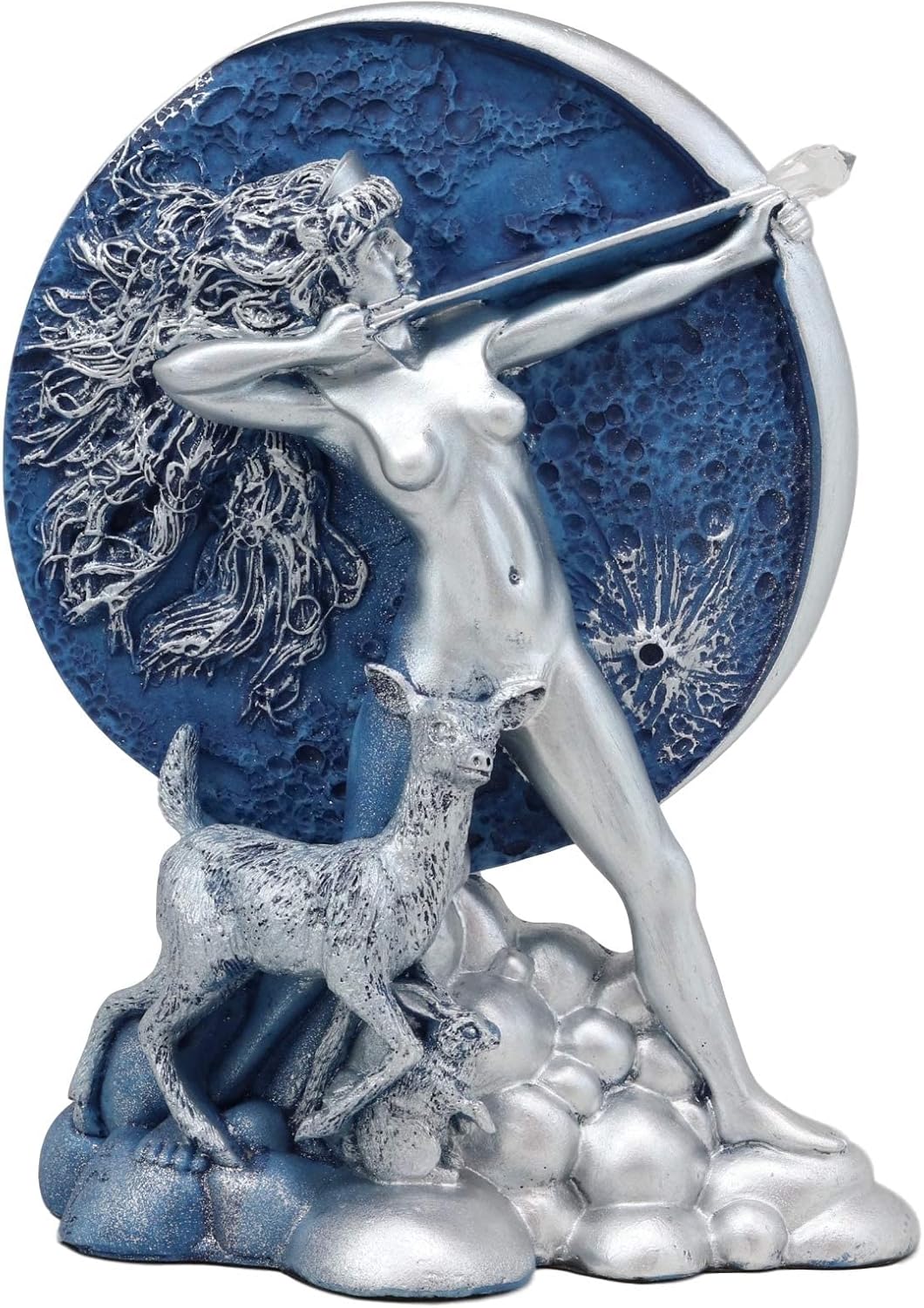 Greek Goddess of The Hunt Moon Diana Drawing Bow and Arrow with Companion Deer Statue Oberon Zell Rendering of Artemis Sculpture