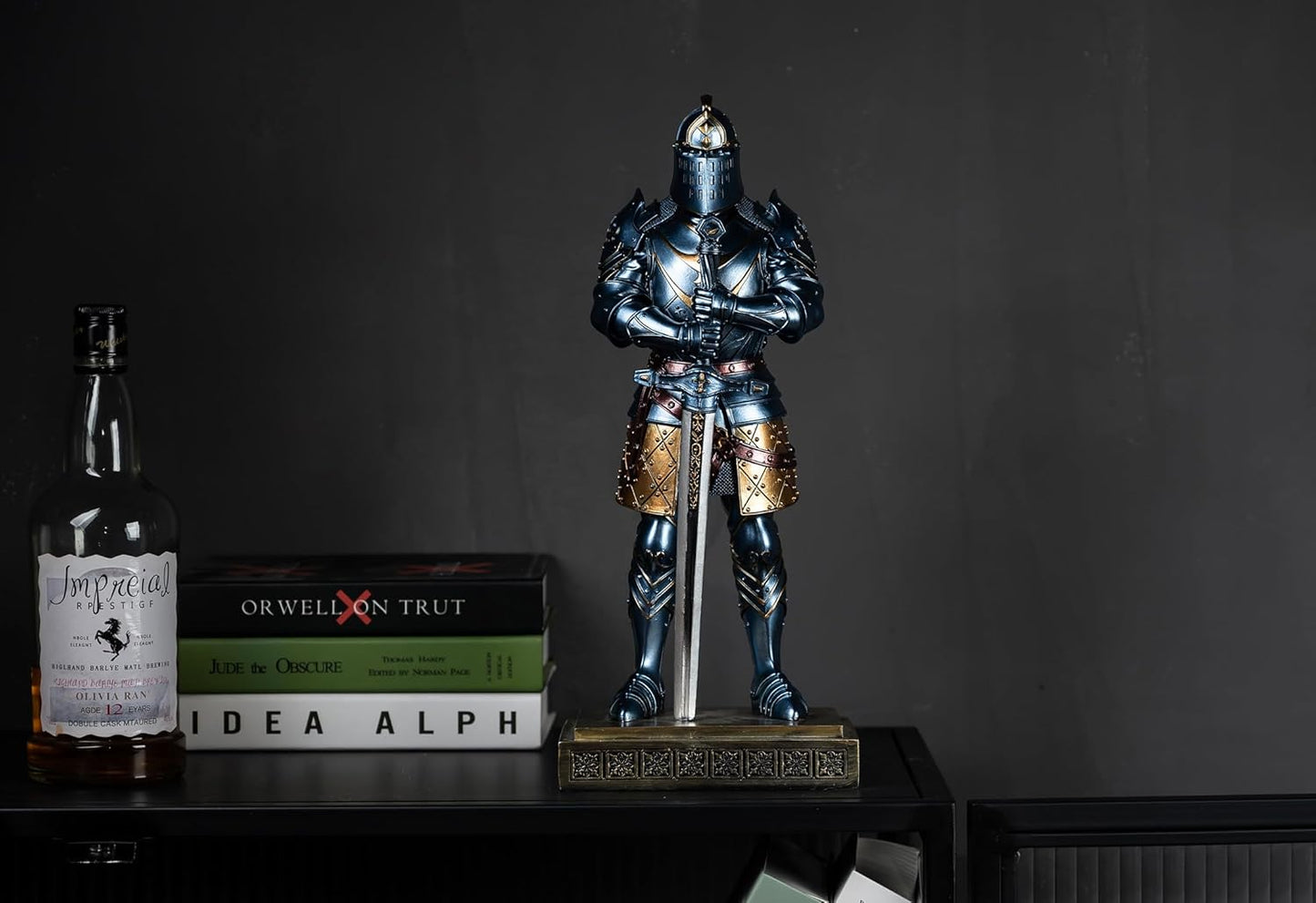 Medieval Knight Statue King's Guard Medieval Decor Polyresin Knight Swordsman Armor Statue Top Collection as Gift 15.12 Inch (Blue)