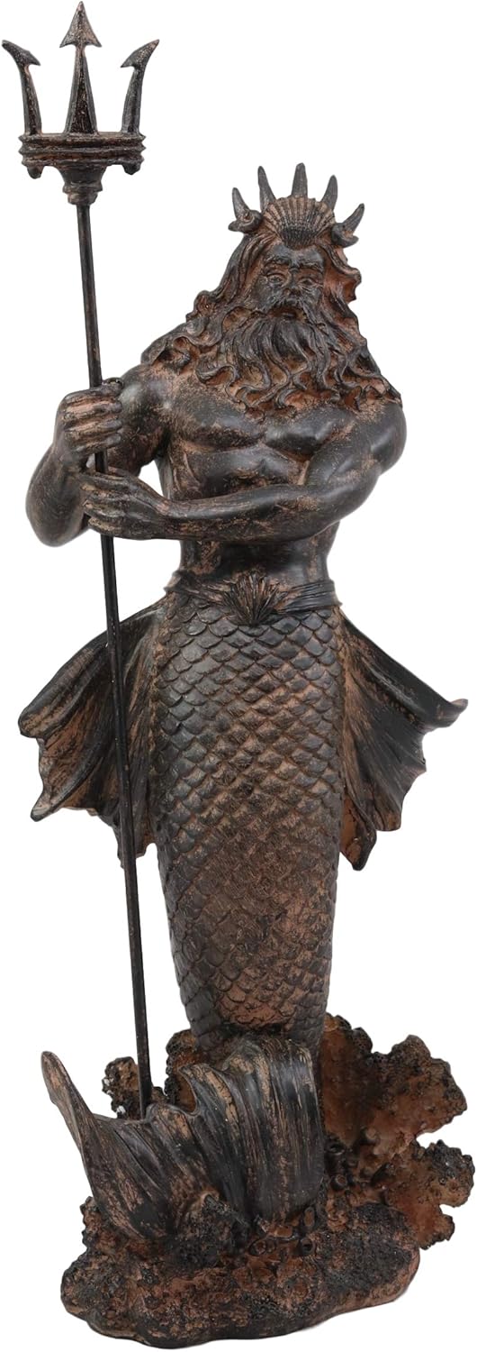 Ebros Greek Mythology God of The Seas and Tremors Merman Poseidon Statue Neptune Holding Trident Figurine Nautical Coastal Collection Roman Greco Olympian Gods Decor Sculpture Bronze Patina
