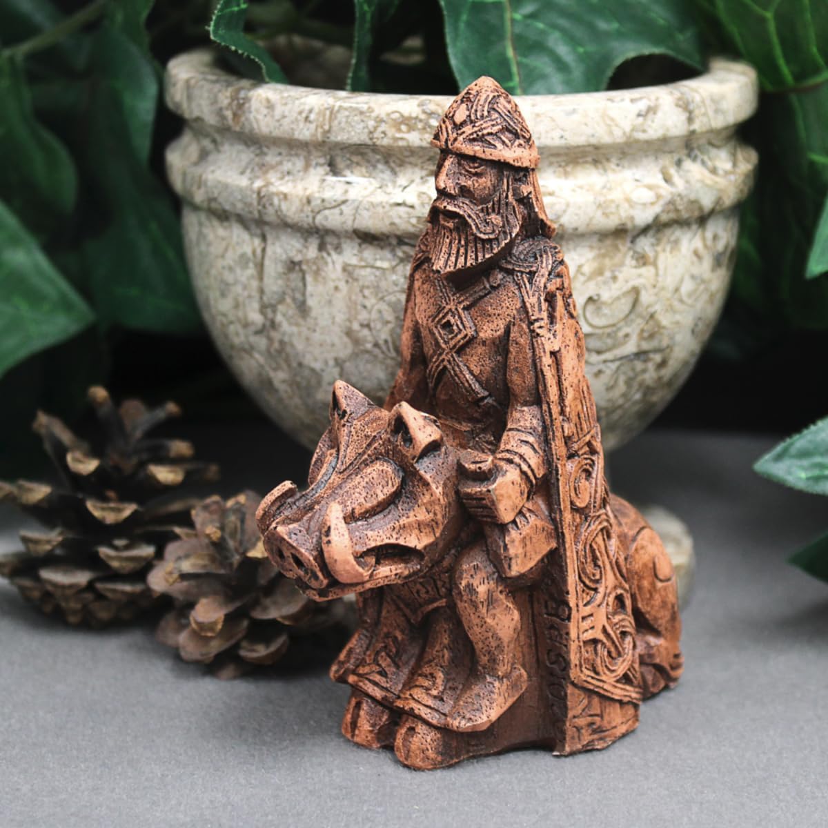Dryad Design Freyr Figurine Norse God of Fertility and Prosperity Statue - Viking Pagan Home Altar Decor (Wood Finish)