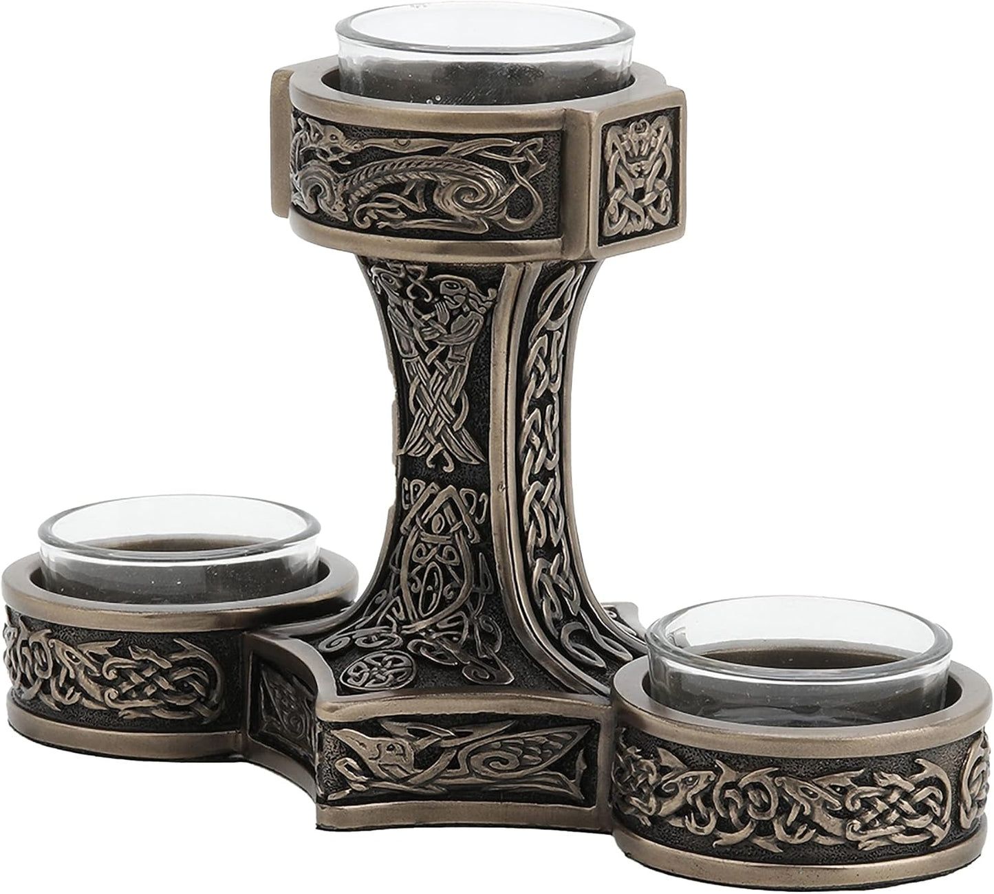 Veronese Design 4 7/8 Inch Tall Mjolnir Hammer of Thor Triple Head Tealight Candle Holder Viking Nordic Decor Cold Cast Bronzed Resin Sculpture