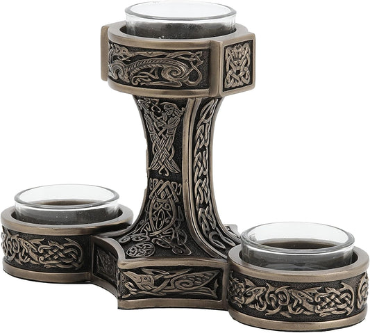 Veronese Design 4 7/8 Inch Tall Mjolnir Hammer of Thor Triple Head Tealight Candle Holder Viking Nordic Decor Cold Cast Bronzed Resin Sculpture