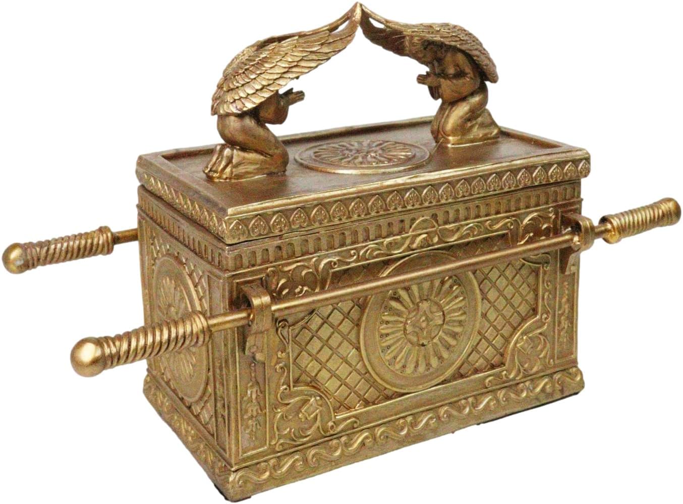 Ebros Matte Gold Holy Ark Of The Covenant With Ten Commandments Rod of Aaron and Manna Religious Decorative Figurine Trinket Box Collectible Judaic Israel Historic Model Replica (1:8 Scale 9.5"Long)