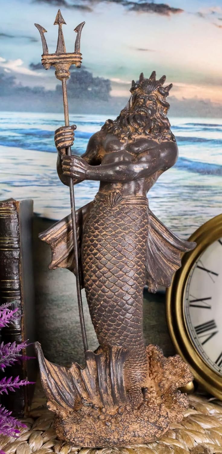 Ebros Greek Mythology God of The Seas and Tremors Merman Poseidon Statue Neptune Holding Trident Figurine Nautical Coastal Collection Roman Greco Olympian Gods Decor Sculpture Bronze Patina
