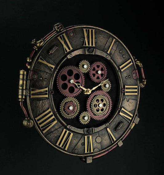 Veronese Steampunk Bronze Finish Rivet Plate Wall Clock With Moving Gears